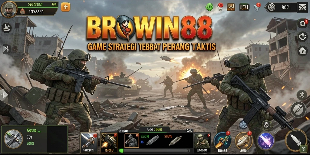 Screenshot utama BROWIN88 yang menunjukkan aksi strategi di medan perang.