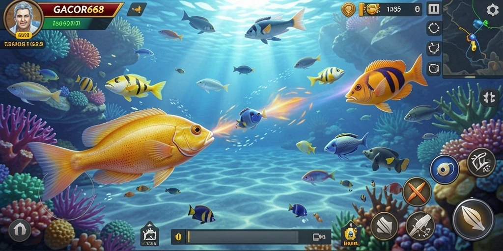 Screenshot utama GACOR668 menampilkan aksi seru menembak ikan.