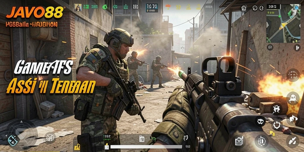 Screenshot gameplay JAVO88 menampilkan aksi tembak-menembak yang intens.
