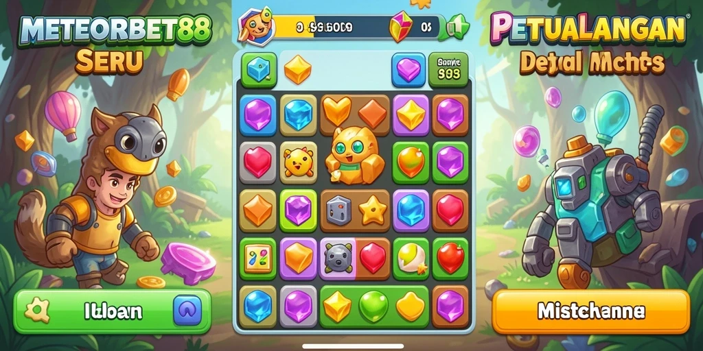 Tampilan gameplay seru METEORBET88 dengan tantangan Match-3.