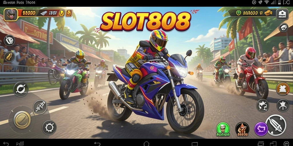Gameplay SLOT8808 yang intens dan mendebarkan saat balapan motor.