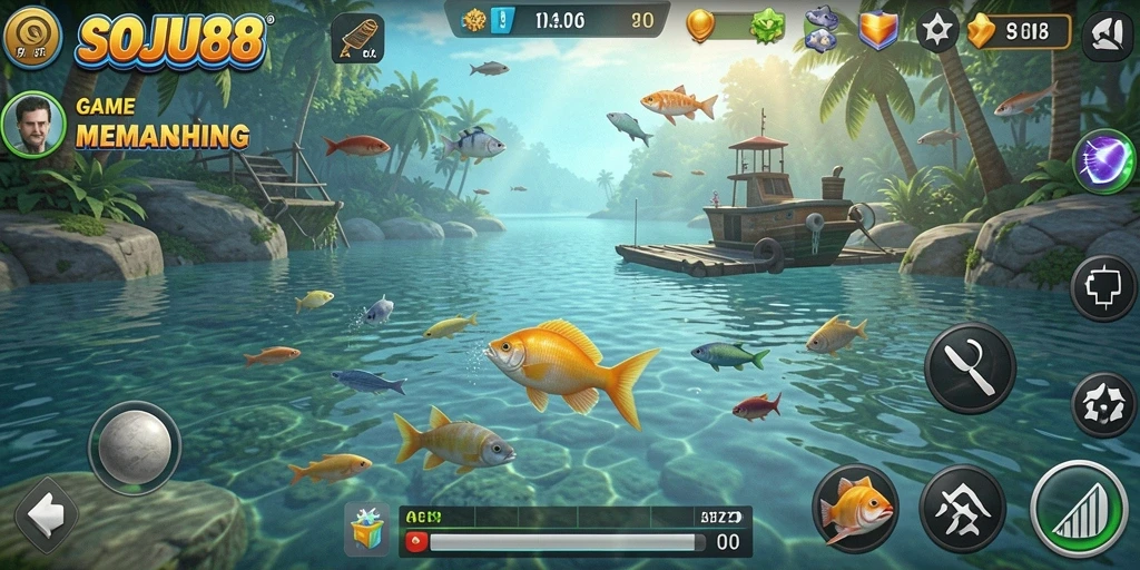 Tampilan gameplay seru SOJU88 dengan ikan-ikan besar siap ditangkap.