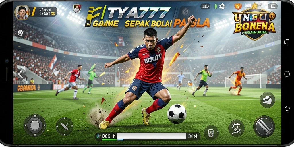 Tampilan utama gameplay TYA777 dengan aksi sepak bola yang seru.